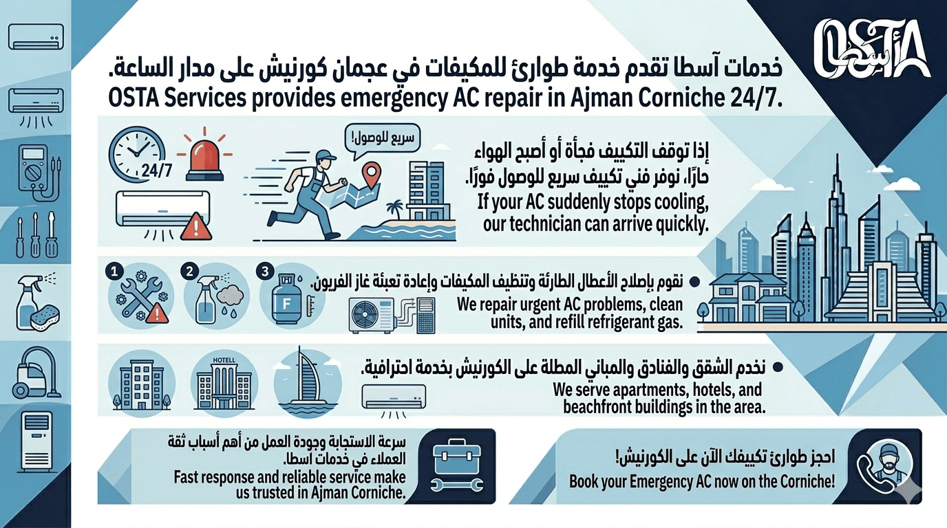 خدمة تكييف طوارئ في عجمان كورنيش – إصلاح سريع للمكيفات